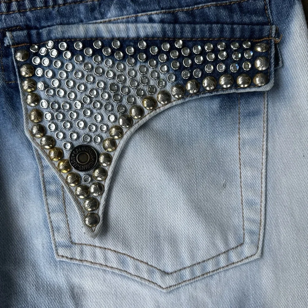 Robin's Jean Shorts Mens 34 Blue Denim Acid Wash Crystal Studded Flap Mortard